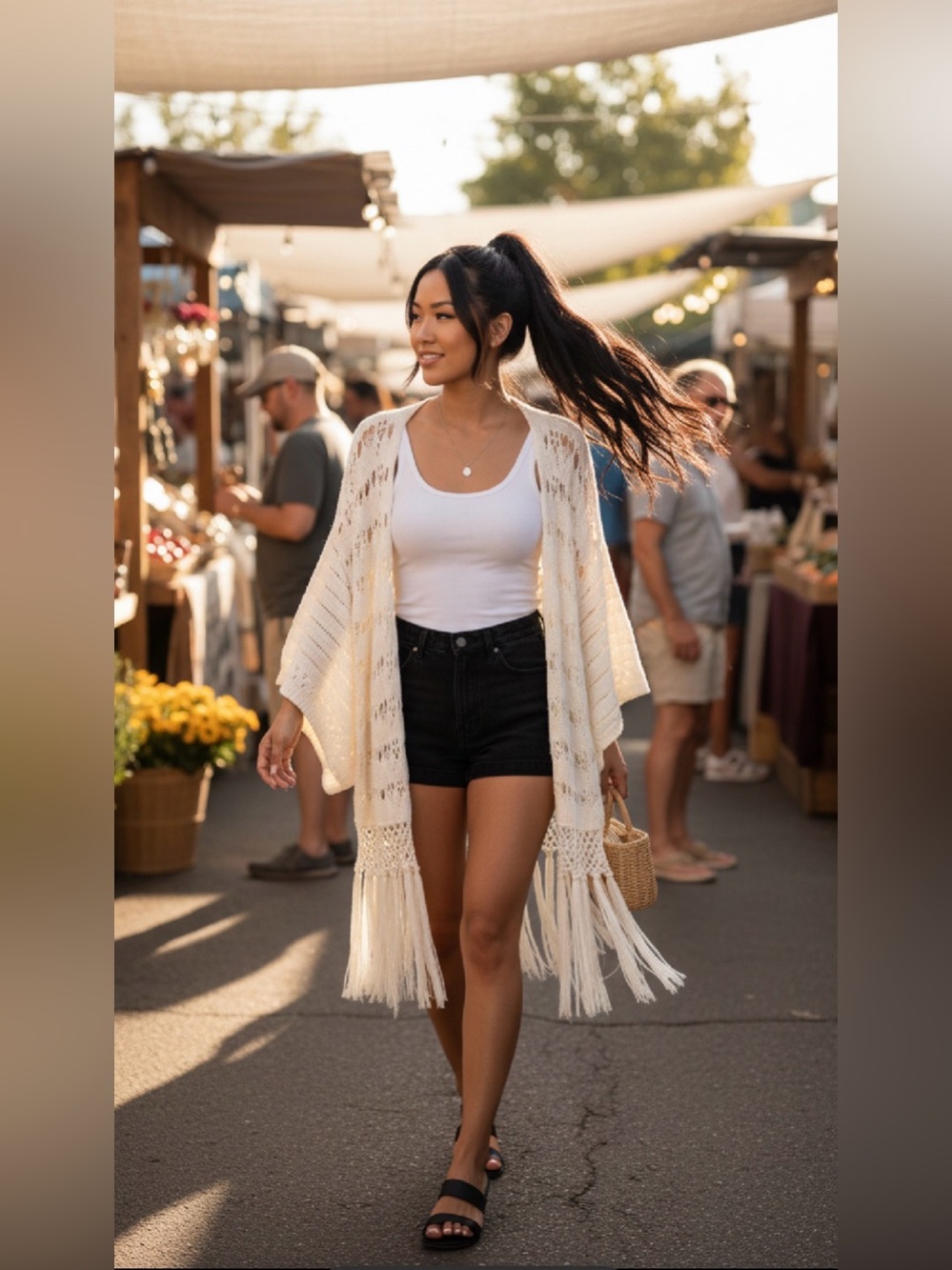 JACKSON ROWE Crochet Fringe Kimono Cardigan - Cream